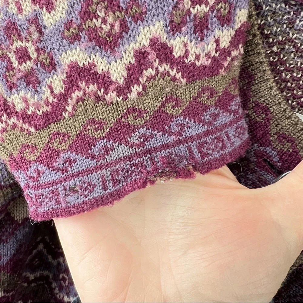 100% MERINO WOOL VINTAGE BUTTON FRONT CARDIGAN PURPLE GREEN SIZE LARGE